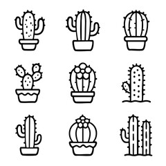 Fototapeta premium A set of doodle line icons featuring various cactus plants in pots and desert settings, ideal for nature, decor, and gardening themes