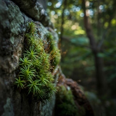 Green Moss Growing on Forest Rock with Morning Dew Drops