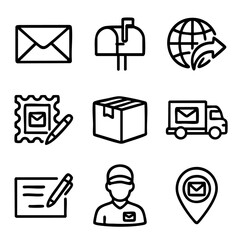 A set of doodle line icons featuring envelopes, parcels, trucks, and postal tools, ideal for delivery, logistics, and communication designs