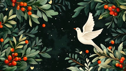Elegant winter scene with a flying dove.