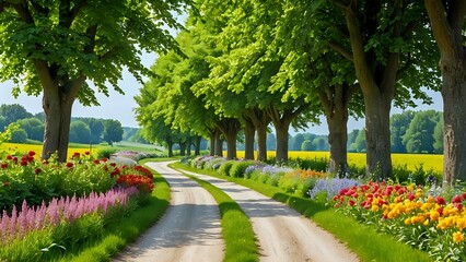 Fototapeta premium A peaceful and beautiful country road winds through lush green fields, on the spot