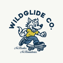Retro Cartoon Wolf,  Skateboarding Mascot Logo