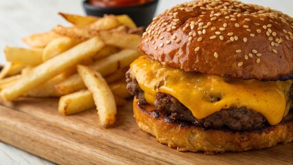 Delicious Cheeseburger and Crispy Fries on Clean Surface Rich Detail and Lighting