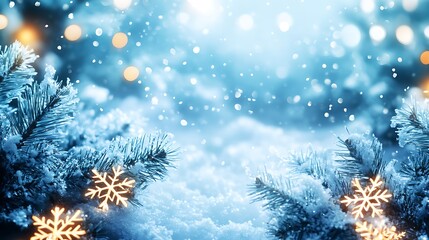 Snowy winter scene with glowing lights and snowflakes.