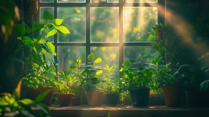 Obraz premium Sunlit indoor scene featuring an array of green potted plants in front of a window.