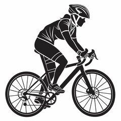vector icon of a person riding a bicycle with a helmet, black silhouette, white background, clean design