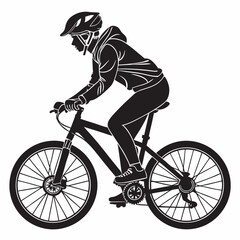 Naklejka premium vector icon of a person riding a bicycle with a helmet, black silhouette, white background, clean design