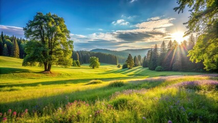 Lush green grasslands with wildflowers swaying gently in the breeze