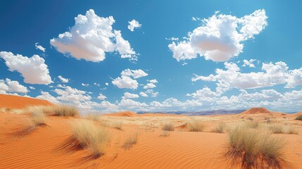 Pixelated Desert Landscape with Dunes Sparse Vegetation and Blue Sky Under Scattered White Clouds