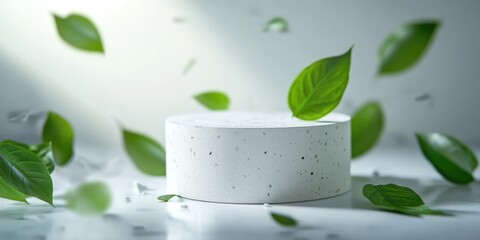 White cylindrical podium with falling green leaves