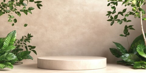 Beige platform nestled in lush greenery against a textured beige wall