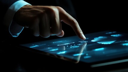 Businessman interacts with a futuristic tablet display