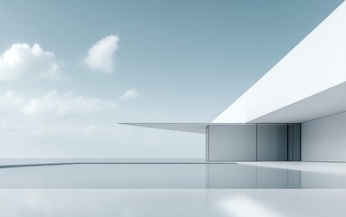 Obraz premium Minimalist white architecture by a tranquil pool