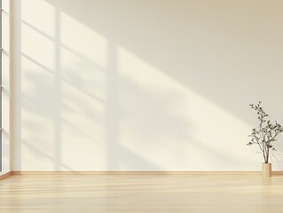 Sunlit minimalist room with plant, wood floor, and blank wall