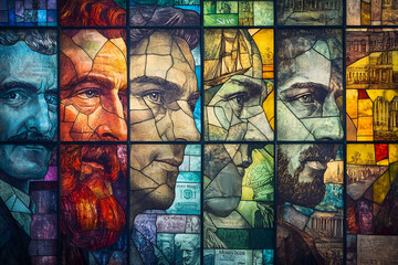 Multifaceted stained glass portrait figures in profile.