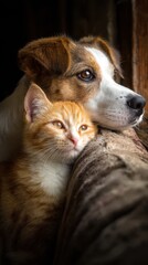 Obraz premium Close-up portrait of a dog and cat resting together.