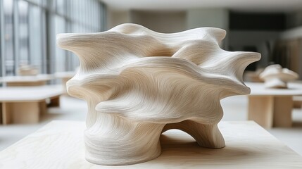 Naklejka premium Abstract wood sculpture on display in modern gallery