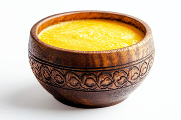 Golden Ghee in a Carved Wooden Bowl on White Background
