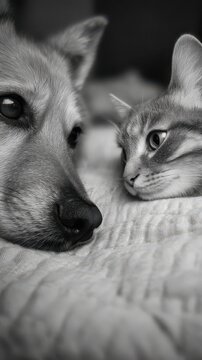 Close-up monochrome image of a dog and cat resting together.