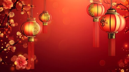 Hanging lanterns, blossoms, and glowing light in a festive background.