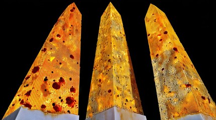 Monumental Stone Obelisks Covered in Blockchain Code with Quantum Particles Representing Cryptocurrency Transactions