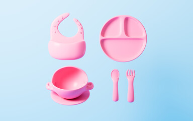 Cartoon baby complementary food tableware, 3d rendering.