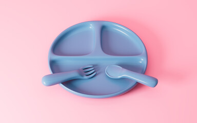 Cartoon baby complementary food tableware, 3d rendering.