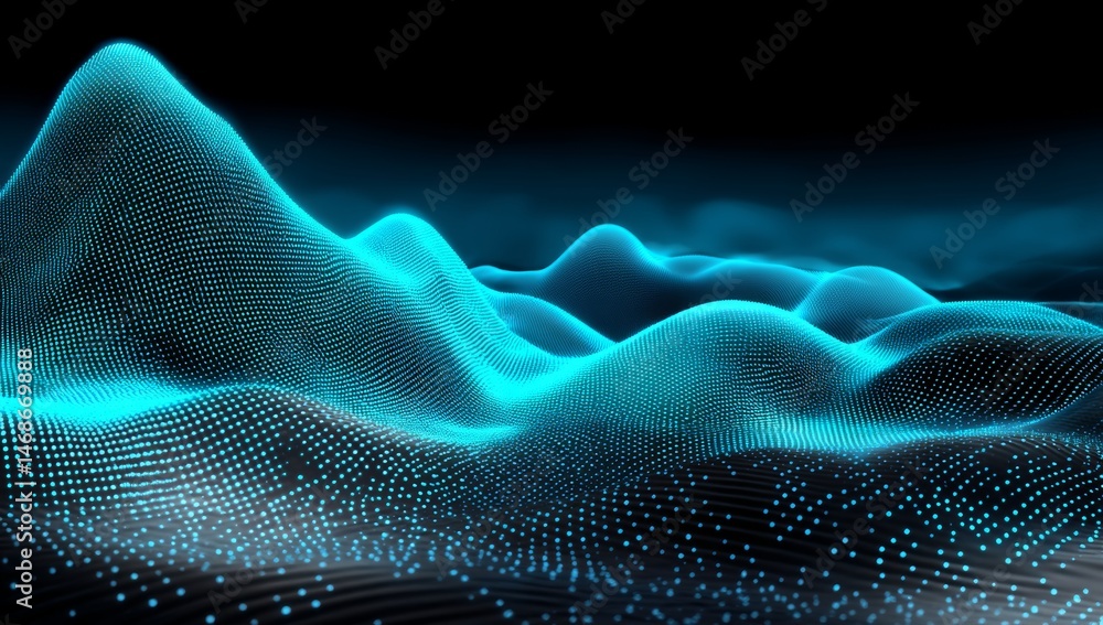 Poster futuristic glowing blue digital wave with luminous particles on black background, abstract technolog