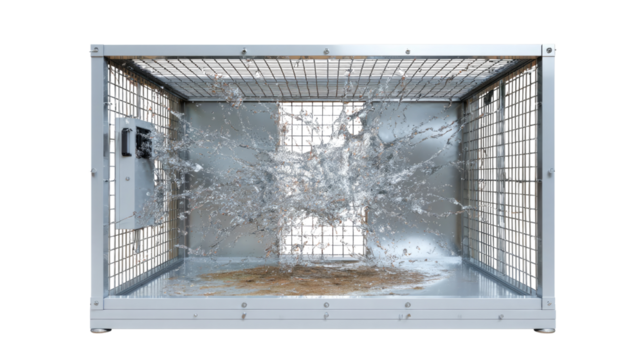 Water Explosion in Cage: A dynamic splash of water is captured mid-burst within a metallic cage, showcasing the raw power and unexpected beauty of nature's elements. 