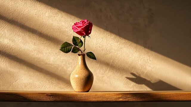 Single pink rose in small vase, sunlit wall