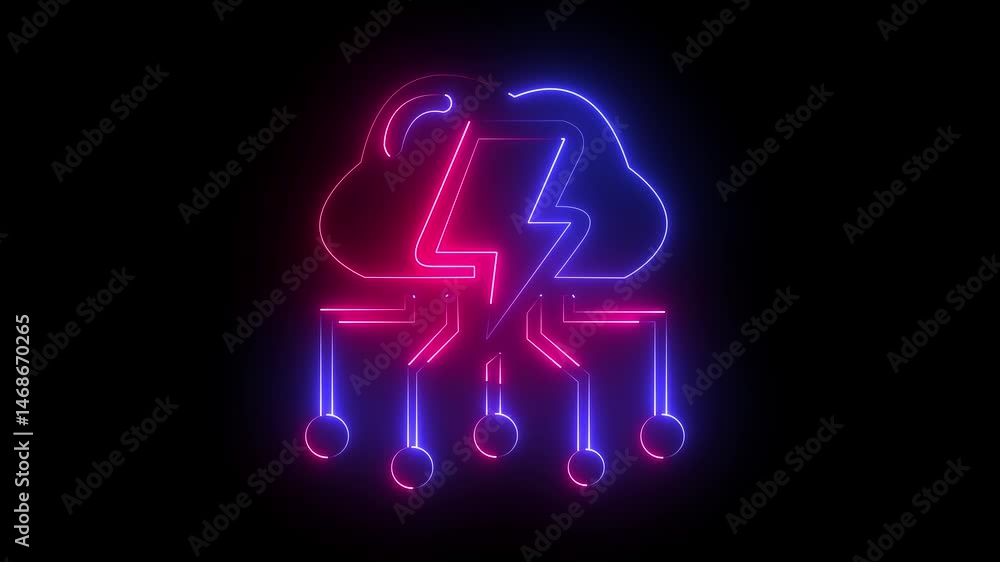 Poster abstract glowing neon cloud icon with circuit and power icon animation on black background. 4k anima