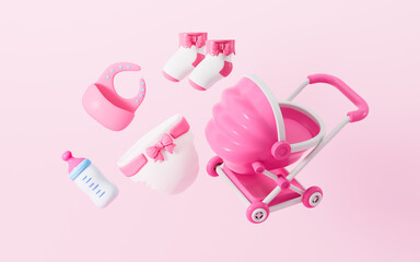 Baby stroller, baby diaper, feeding bottle, baby pacifier, baby tableware and so on baby goods, The concept of shopping and e-commerce, 3d rendering.