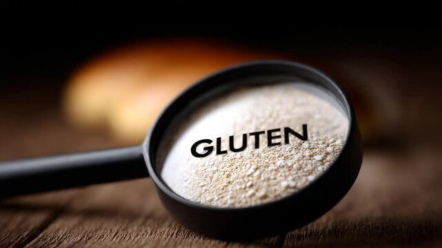 Magnifying Gluten: A detailed view, offering a glimpse into the microscopic world of flour as a magnifying glass illuminates the word "Gluten.