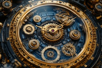 Obraz premium Intricate Gold and Blue Steampunk Clockwork Gears