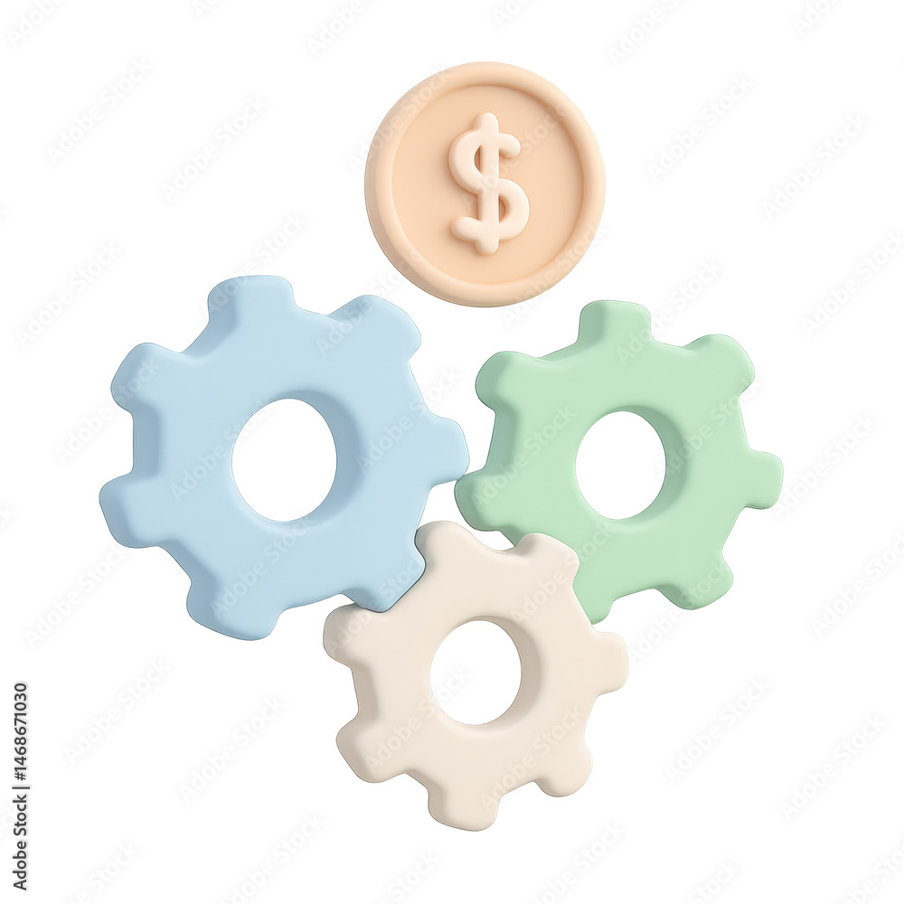 Poster financial mechanism: a conceptual 3d rendering of interconnected gears and a coin, symbolizing the m