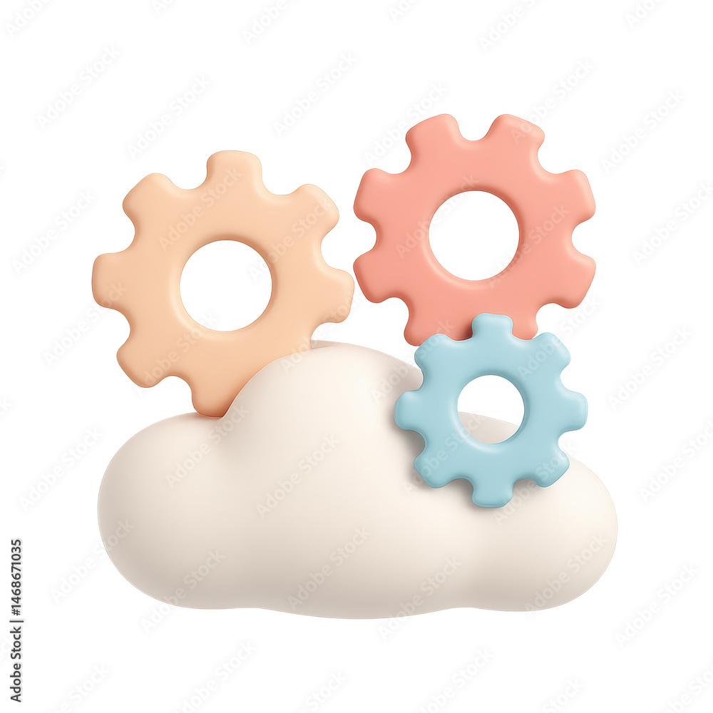 Poster cloud engineering: a digitally rendered image showcasing interconnected gears resting upon a cloud, 