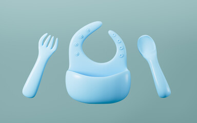 Baby bib, baby tableware, Baby complementary food products, 3d rendering.