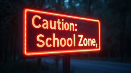 A bright illuminated sign reads "Caution: School Zone," warning drivers to be alert near a school area at dusk or night.
