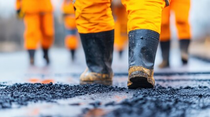 Road workers in orange uniforms and boots walk on freshly laid asphalt during road construction.