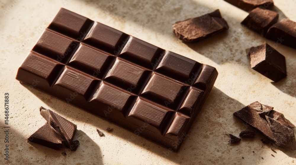 Poster open chocolate bar with scattered pieces showcasing rich texture in soft shadowed layout during afte