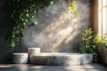 Empty display podium with plants and sunlight.