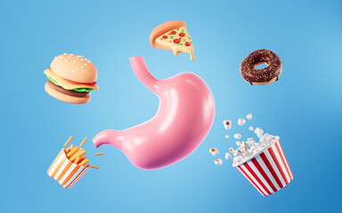 Human stomach and junk food, 3d rendering.