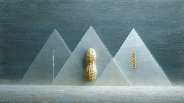 Peanut's Pinnacle Amidst Triangles: An abstract artistic representation features a peanut as the central focus, situated prominently amidst three triangular forms, set against a soft-hued backdrop.