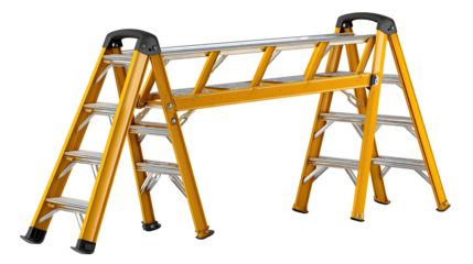 Multi-functional Ladder for Home Projects: A sturdy, bright yellow multi-functional ladder stands ready, its design blending functionality with safety, perfect for home improvement and DIY projects.