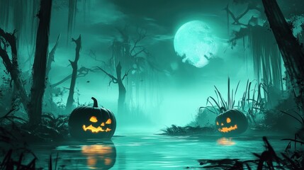 Halloween pumpkins with carved faces floating on swamp water under a full moon. Gloomy, spooky scene with dead trees and eerie lighting in a dark swamp.