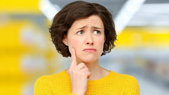 Concerned Woman: Portrait of a thoughtful woman expressing a worried emotion, her expression reflecting deep contemplation. Her features convey uncertainty and concern.