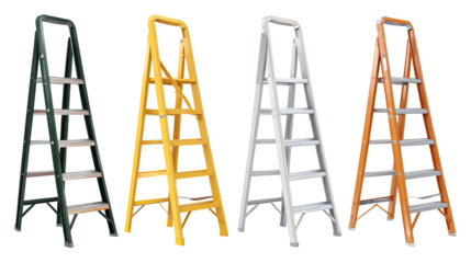 Ladder Assortment: A selection of four vividly colored ladders, each showcasing a unique hue, from vibrant to neutral, ideal for construction, home projects, or design.