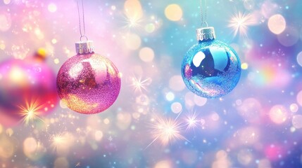 Fototapeta premium Festive Christmas background with glittery pink and blue ornaments hanging against a soft bokeh backdrop with sparkling stars and snowflakes, holiday season.