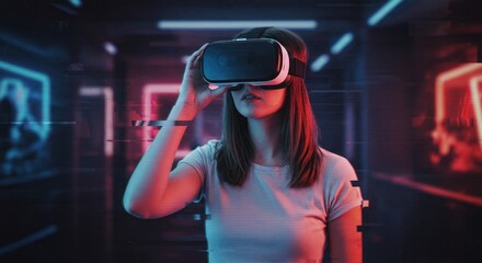 Woman wearing a virtual reality headset in a futuristic neon lit environment.