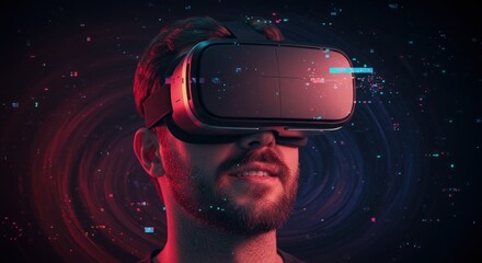 Man wearing a virtual reality headset with digital effects against a dark background.
